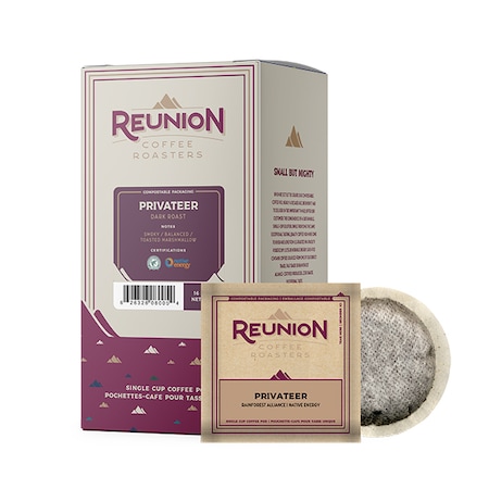 Reunion Coffee Roasters Privateer Dark, RA, Soft Coffee Pods, PK96 PK RI8005